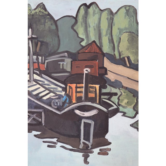 G. Delaire, Barges on the Seine, 20th Century, Oil Painting on Canvas For Sale - Image 4 of 10