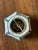 Custom candle clip "Scania" hexagon shape lampshade in a natural-colored linen fabric with peacock blue braided trim on...