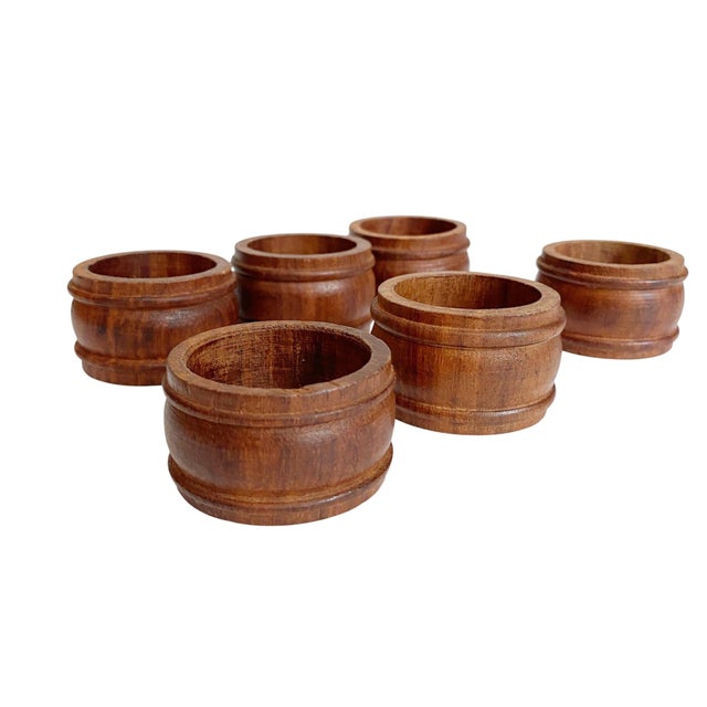 Mid-Century Modern Vintage Mid-Century Modern Teak Wood Napkin Rings – Set of 6, Boho Neutral Wood Table Setting For Sale - Image 3 of 4