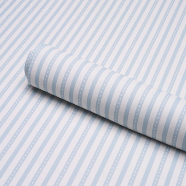 Schumacher Schumacher Mathis Ticking Stripe Wallcovering In Sky For Sale - Image 4 of 6