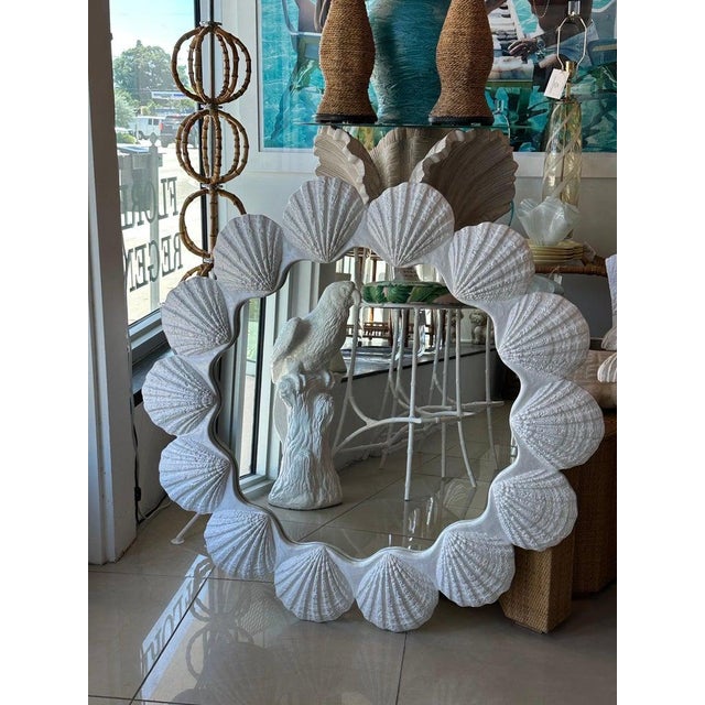 Vintage Round Lacquered White Palm Beach Scallop Clam Seashell Shell Mirror For Sale - Image 4 of 12