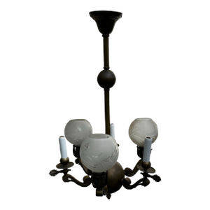 Vintage Six Arm Gas Electric Chandelier With Vintage Shades