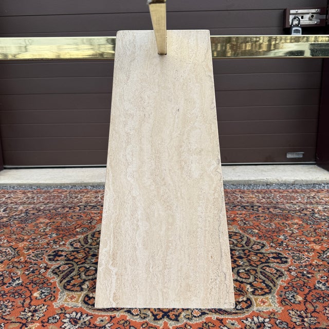 Mid-Century Modern Vintage Pyramid Shaped Beige Travertine and Brass Dining Table Pedestal Base Attr. Artedi For Sale - Image 3 of 18