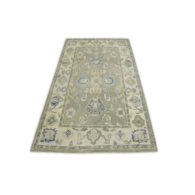 Early 21st Century Early 21st Century Green & Blue Floral Design Handwoven Wool Turkish Oushak Rug 3'10" X 6'6" For Sale - Image 5 of 7