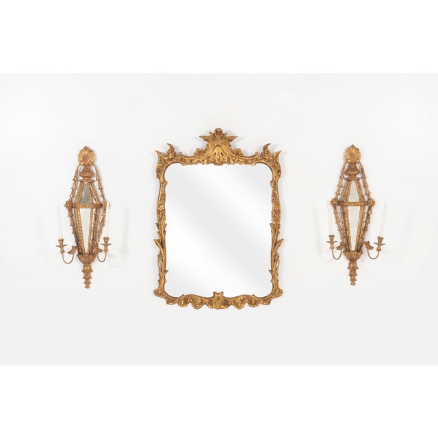 1950s Italian Neoclassical Giltwood Mirror and Pair of Mirrored Candle Sconces, Circa 1950 For Sale - Image 5 of 13