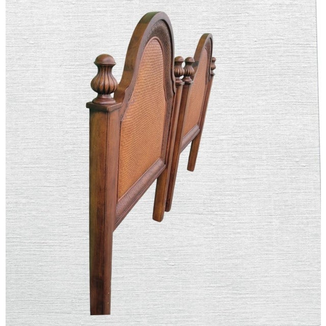 Wood Vintage Stanley Furniture Solid Wood Wicker Arched Pagoda Style Twin Size Headboards- a Pair For Sale - Image 7 of 8
