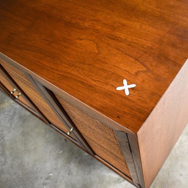 Mid-20th Century Mid-Century Modern Dresser American of Martinsville Accord Walnut & Cane W/ X’s & Asymmetric Handles For Sale - Image 12 of 18