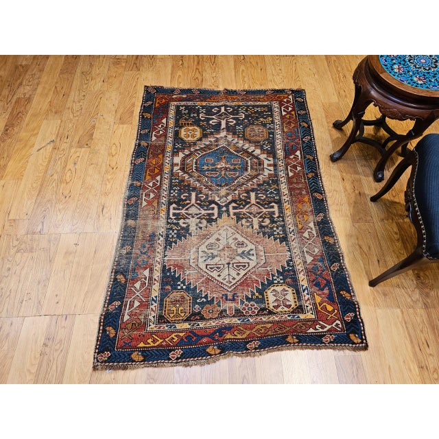 19th Century Antique Caucasian Kazak Rug, Hand-Knotted Wool, Geometric Pattern, Blue & Red, 3' x 5' For Sale - Image 5 of 18