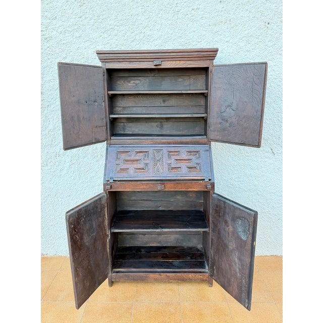 Brown Antique Spanish Carved Wooden Bureau Cabinet with Drop-Front Desk, 1850s For Sale - Image 8 of 11