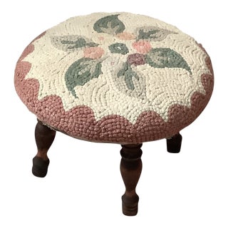 Vintage Needlepoint Hand-Hooked 4-Legged Foot Stool For Sale