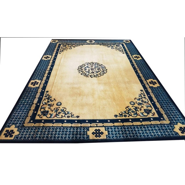 Chinese 1890s Beige Medallion Antique Chinese Peking Rug 8'10" X 11'8" Handknotted Wool Carpet For Sale - Image 3 of 6