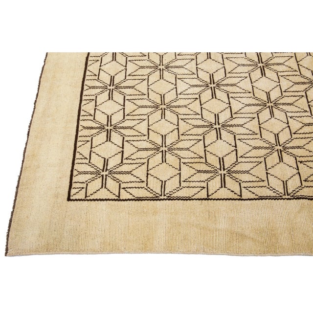 Modern Moroccan Style Beige Handmade Geometric Pattern Wool Rug For Sale - Image 4 of 8