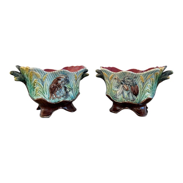 Pair Antique French Majolica Jardinières Insect Musician Cache Pot Planter C1880 For Sale