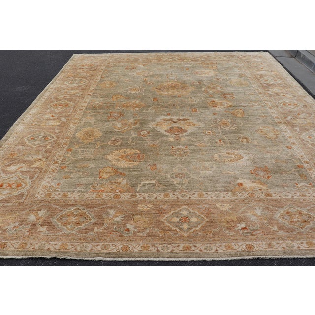 Large Turkish Angora Oushak Rug With Soft Green Field and Rust Accents For Sale - Image 4 of 13