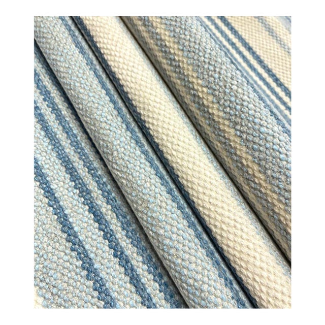 Cowtan + Tout Water Stain Resistant Milas Blue French Aqua Cream Stripe Upholstery Fabric For Sale