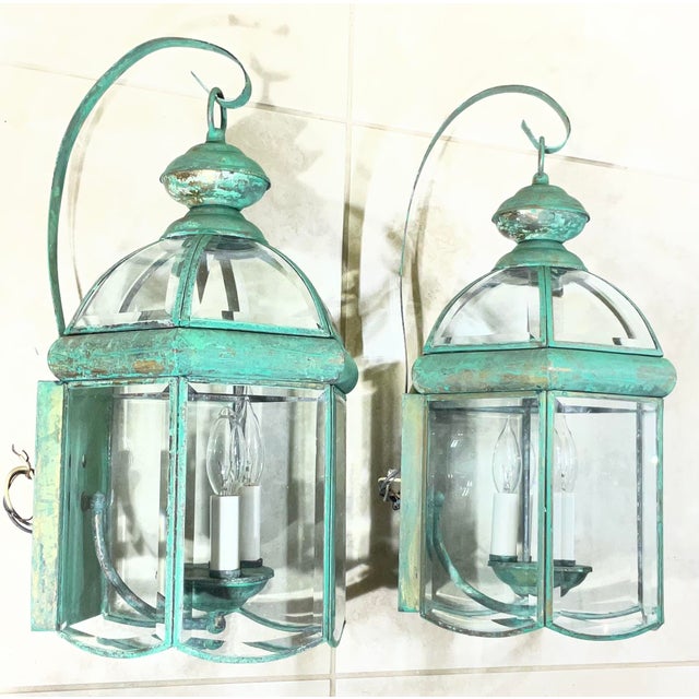 Metal Elegant Pair of Vintage Brass Wall Lanterns - 18”.5 X 9” For Sale - Image 7 of 16
