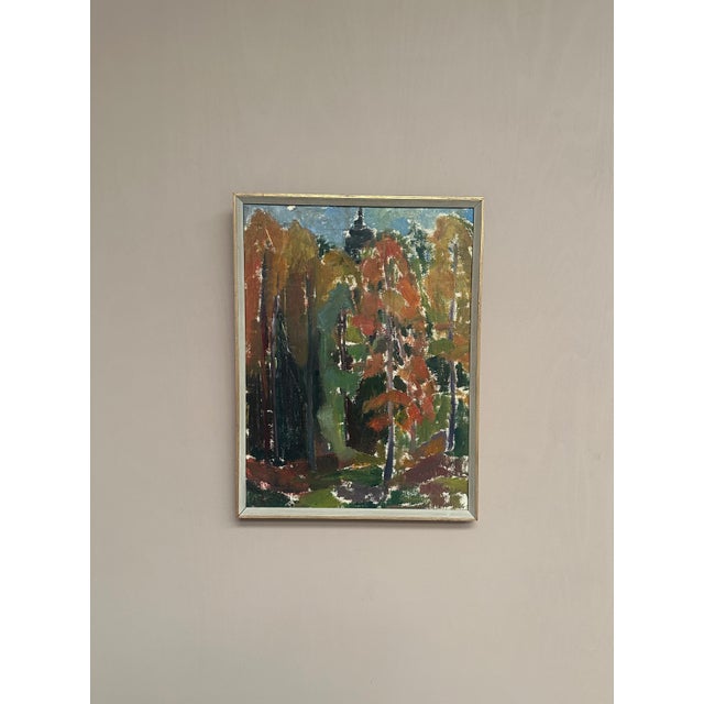 Original vintage scandinavian oil on canvas – “forest in autumn” by l. S‑c – signed – framed – 44 × 58 cm (17.3" × 22.8")...