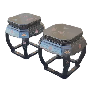 Early 20th Century Vintage Black Lacquer "Garden Stool" Tables With Bird and Floral Designs - a Pair