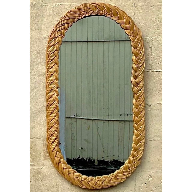 Camel Vintage Coastal Braided Rattan Oval Mirror For Sale - Image 8 of 12