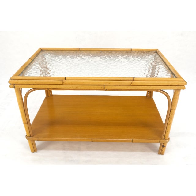 Vintage c1970s Bamboo Rattan Two Tier Rippled Glass Top Rectangle End Side Table MINT
