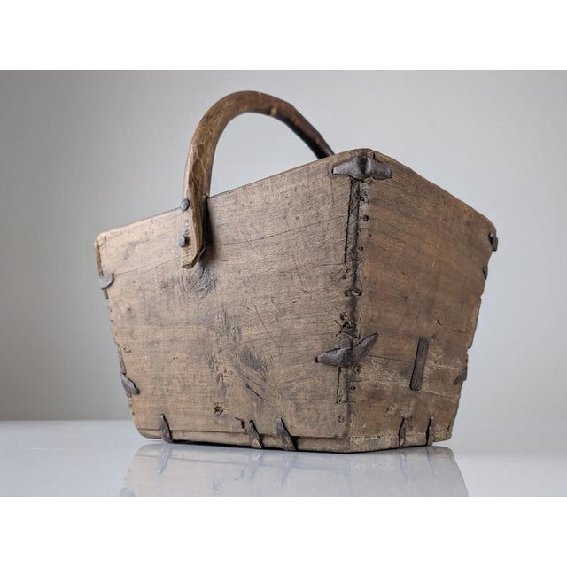 Antique Wabi-Sabi Wooden Log Basket with Wrought Iron Fittings For Sale - Image 6 of 18