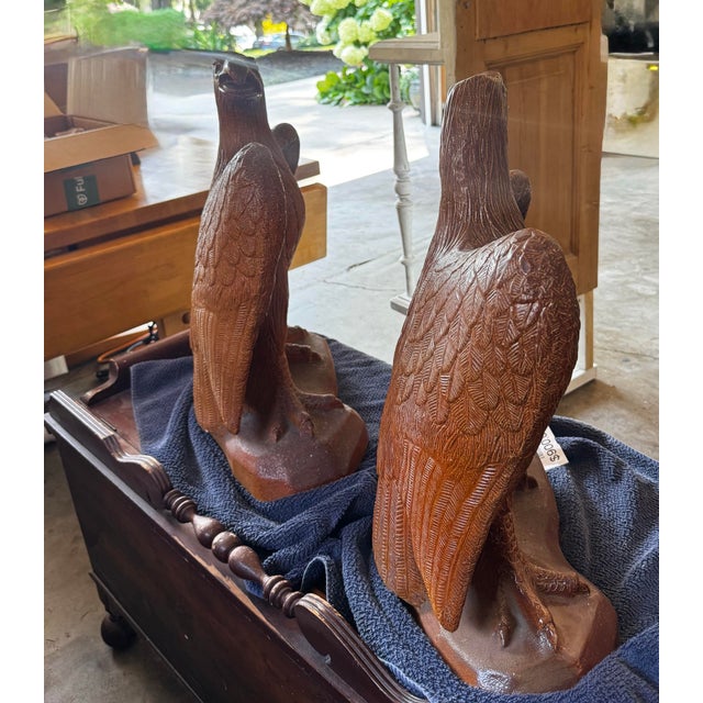 Pair of 23” Vintage Glazed Terra Cotta Federal Eagle Sculptures For Sale - Image 4 of 12