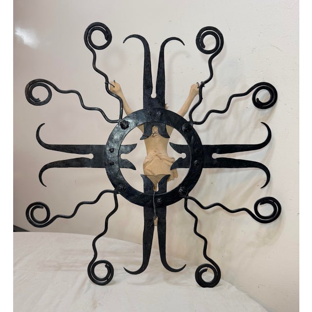 Large Vintage Carved Wood Wrought Iron Religious Wall Crucifix Cross Sculpture For Sale - Image 14 of 14
