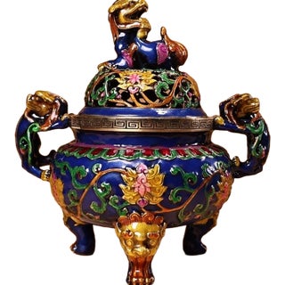 Late 19th Century Cloisonné Enamel Censer With Lion Finial, 1.3kg For Sale