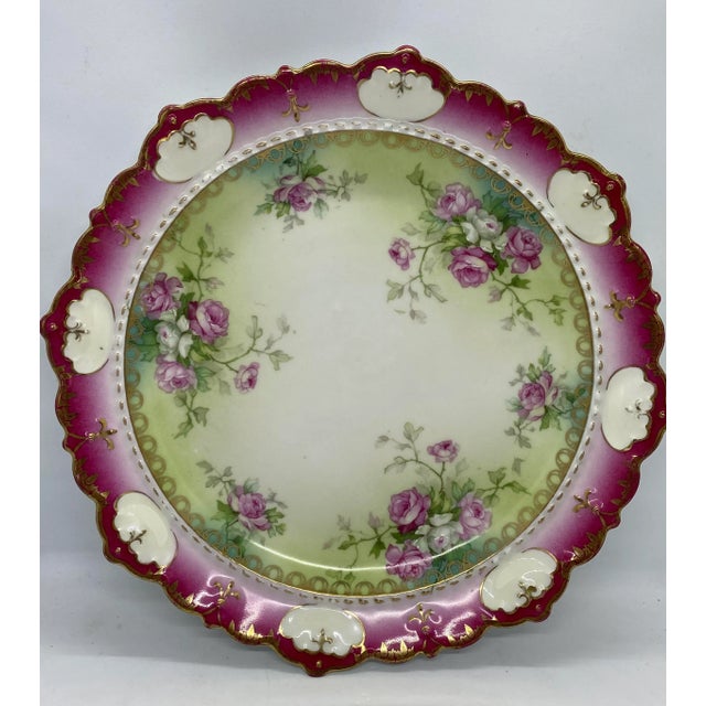 Ceramic 1884-1909 Moritz Zdekauer M Z Austria Pink Roses Design Porcelain Plate For Sale - Image 7 of 13