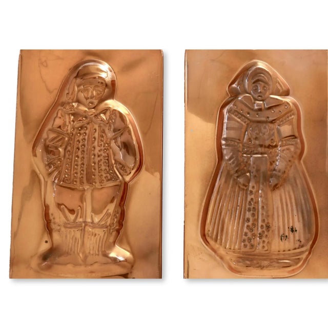 Pair of Dutch copper gingerbread cookie molds. Tin lining is in good shape, they can be used for cooking. Hook on top to...