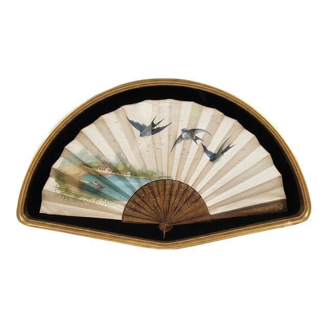 Vintage Framed Jinpra Swallow Hand Fan in Gilded Semi-Oval Shadow Box For Sale