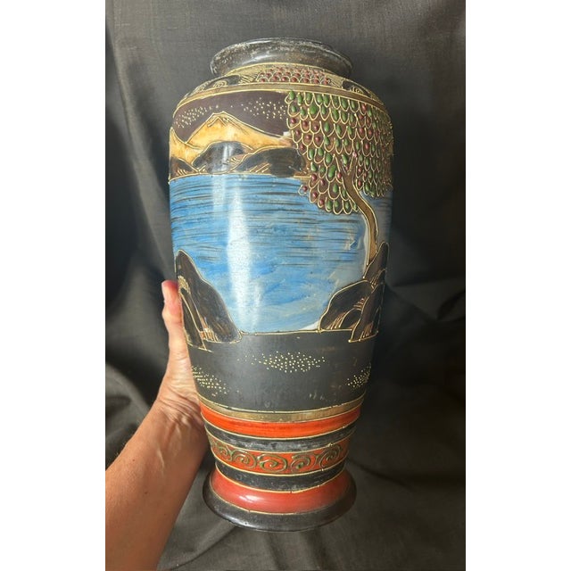 Cerulean Antique Japanese Satsuma Style Hand Painted Moriage Porcelain Vase For Sale - Image 8 of 16