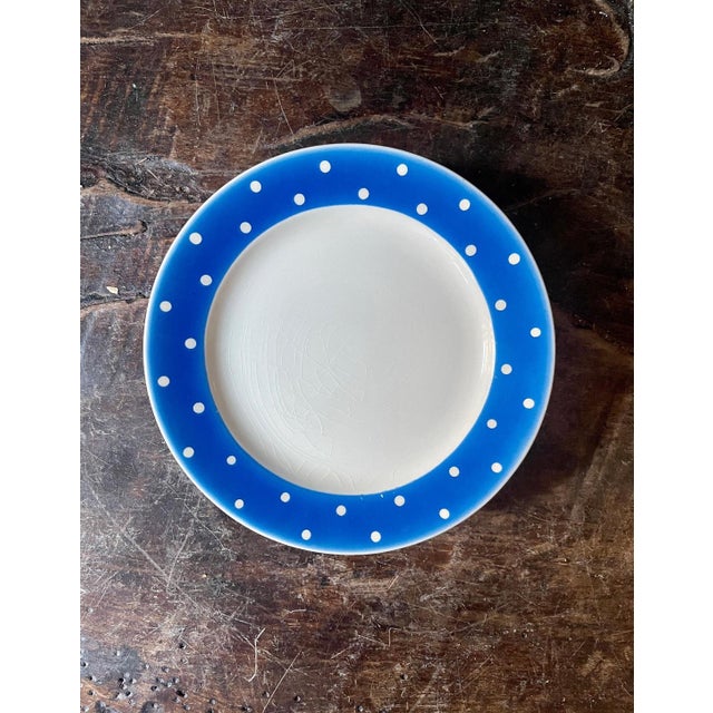 Fabulous Scandinavian dessert or salad plate set, 6 plates by Upsala Ekeby Gefle. Presented in a bright royal blue with...