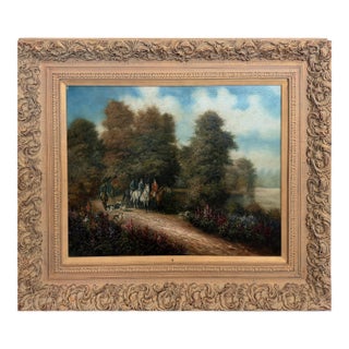 Vintage English Hunting Scene Oil Painting Horses Hounds Equestrian Sporting Art For Sale