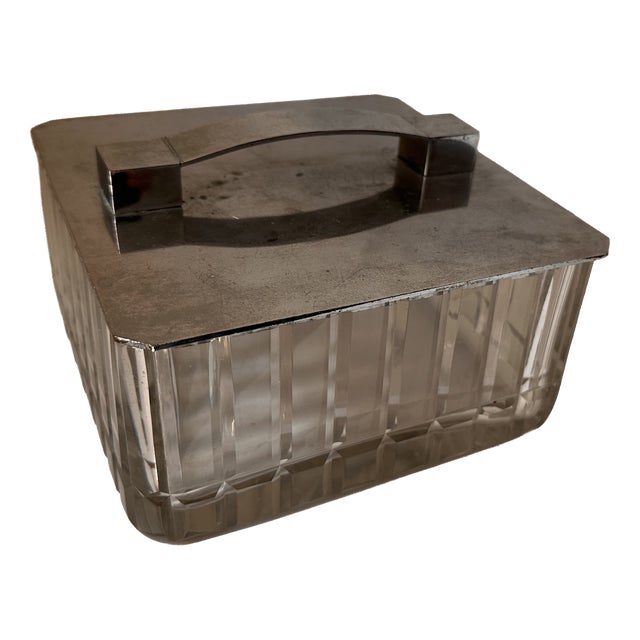 Art Deco French Glass Lidded Box with Chrome Lid, 1920 For Sale