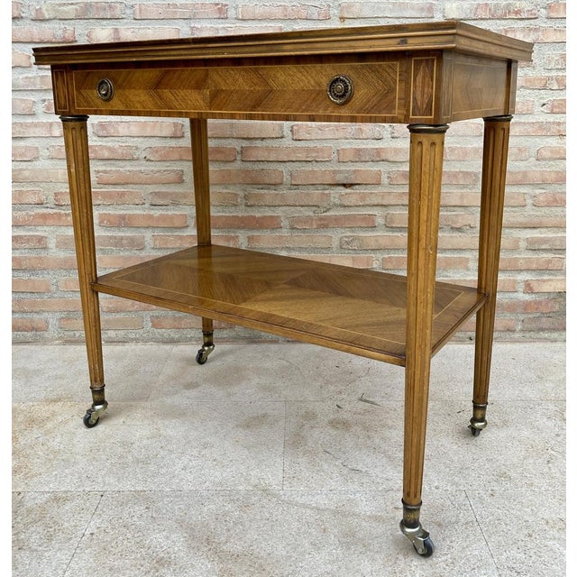 Neoclassic French Marquetry Side Table with One Drawer and Wheels, 1940s For Sale - Image 4 of 15