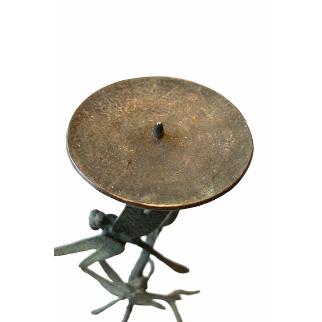 Organic Modern Vintage Verdigris Metal Dragonfly Pillar Pricket Candle Holder – 12.5” H For Sale - Image 4 of 4