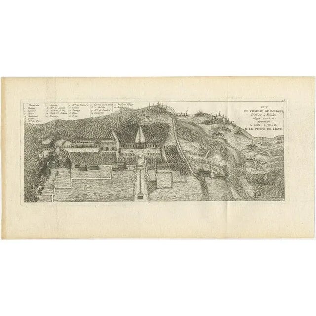 Antique print titled 'Vue du Chateau de Boudour (\.)'. Copper engraving of a castle and garden. Includes a French legend....