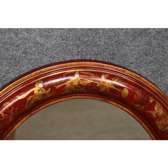 Chinoiserie Red Lacquered Chinoiserie Oval Hand Painted Wall Mirror For Sale - Image 3 of 5