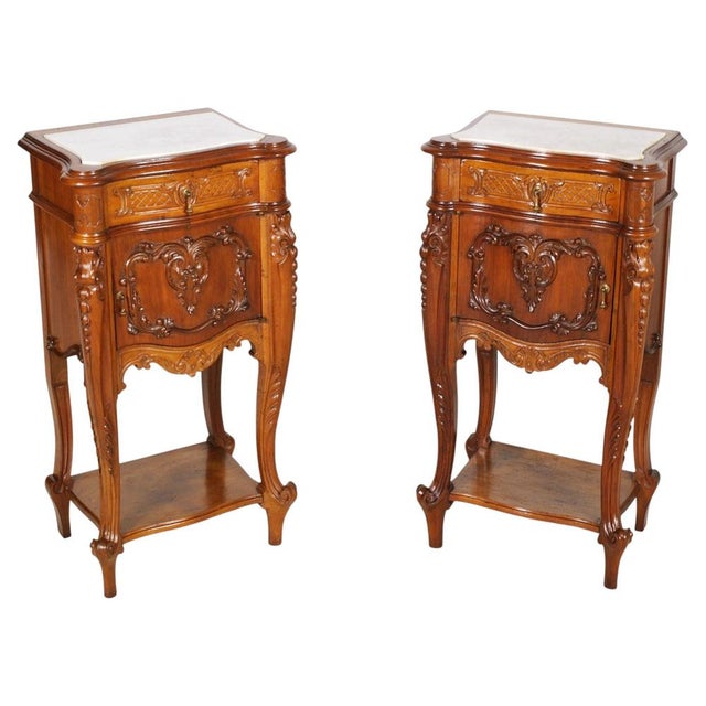 Italian Hand-Carved Walnut Bedside Tables with Marble Tops, 1940s, Set of 2 For Sale - Image 9 of 9