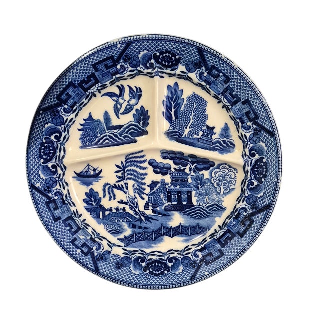 Vintage Japanese Willow Divided Blue & White Plate For Sale - Image 10 of 10