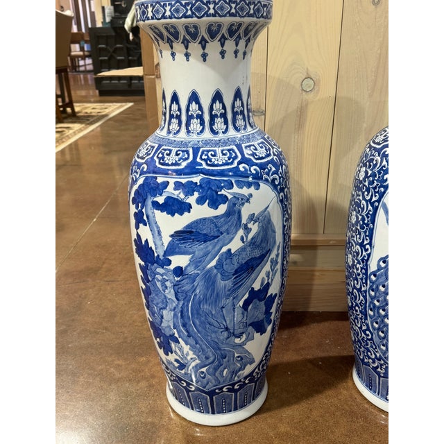 Art Nouveau Pair of Vintage Blue & White Ceramic Vases For Sale - Image 3 of 7