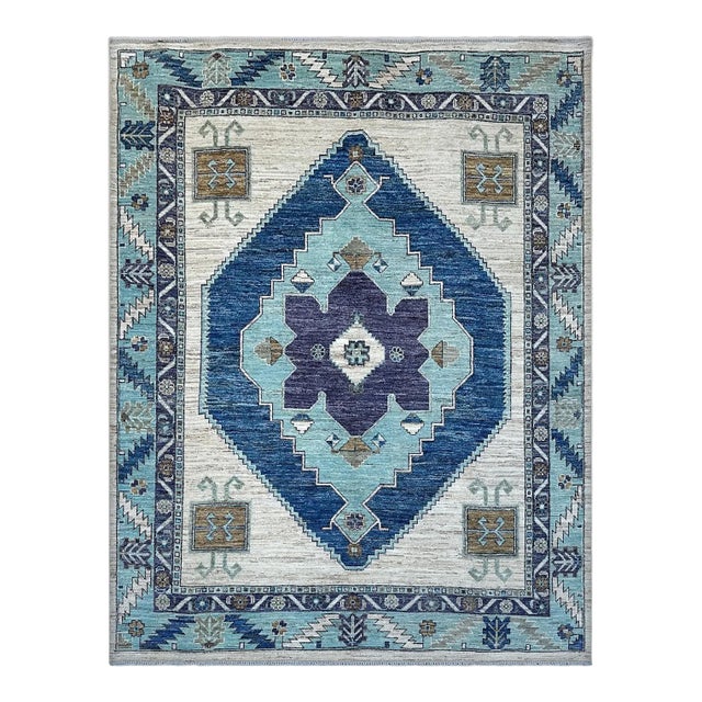Aqua & Blue Anatolian Medallion Rug 8x10 For Sale