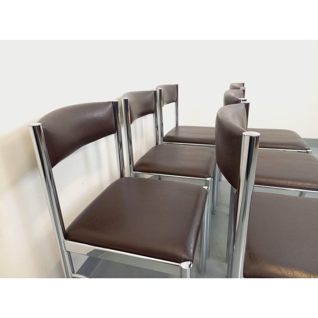 Metal Vintage Chairs in Chromed Metal and Brown Imitation Leather, 1970s, Set of 6 For Sale - Image 7 of 18