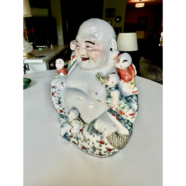 Late 19th Century Antique Qing Chinese Famille Rose Porcelain Statue Laughing Buddha For Sale - Image 5 of 17