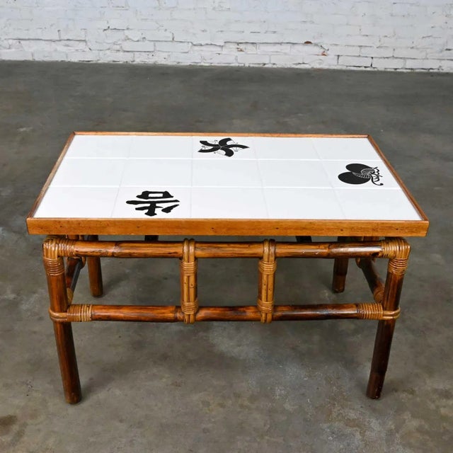 Vintage Rattan Campaign Style Ficks Reed Far Horizons Collection End Table W/Tile Top by John Wisner For Sale - Image 11 of 13