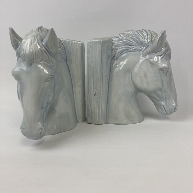 VTG Set 2 Mid Century Ceramic Horse Head Bookends Pale Blue White Glazed 8.5" For Sale - Image 4 of 11