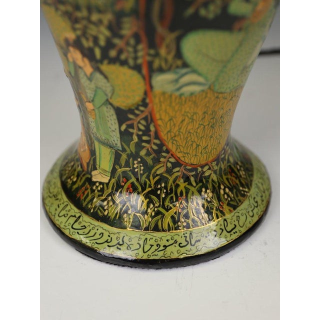1930s Indian Kashmiri Papier-Mâché Table Lamp with Hand-Decorated Romantic Scenes, 1930 For Sale - Image 5 of 13