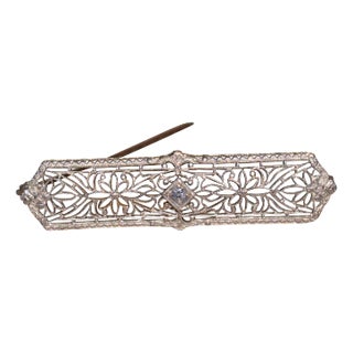 The Fedor: Antique Filigree Brooch in White Gold with an Old Mine Cut Diamond For Sale