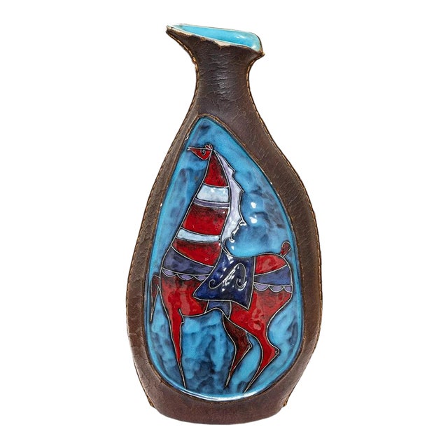 Marcello Fantoni Leather Ceramic Vase with Horse Design Vintage Italian MCM For Sale